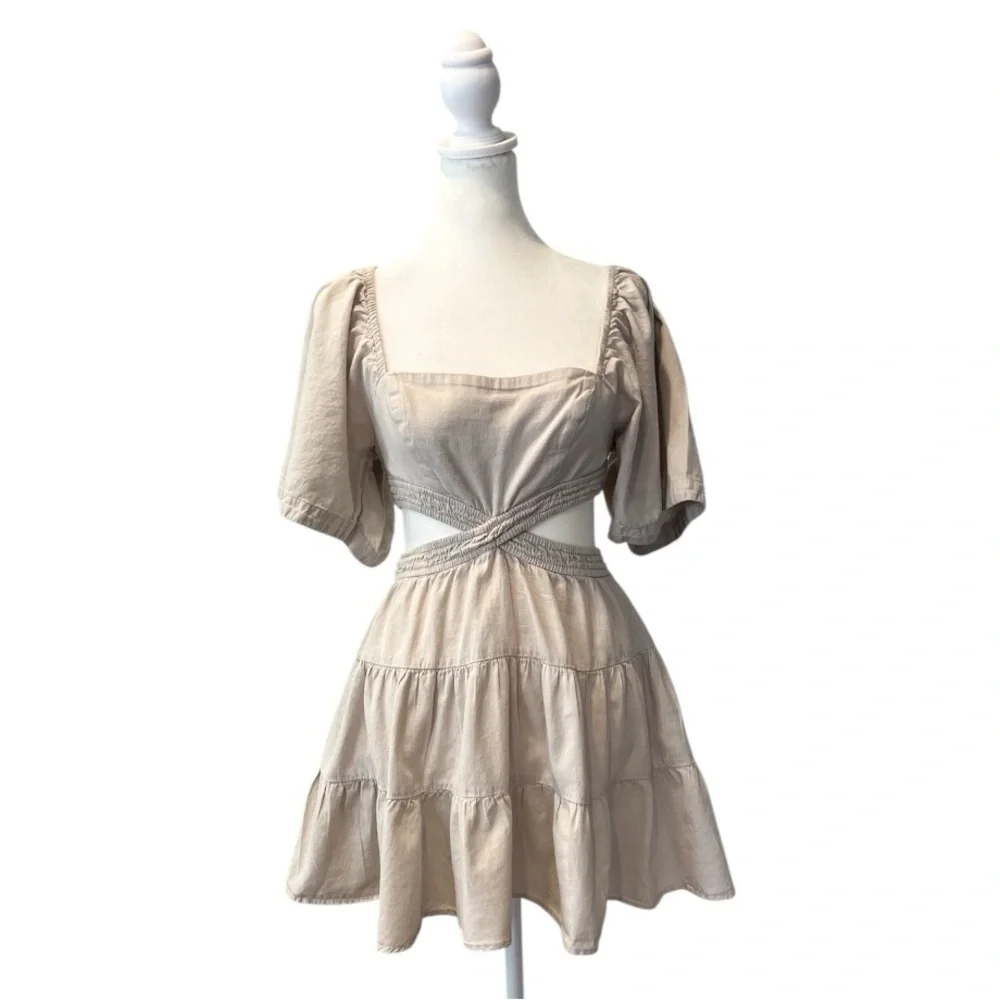 Free People Cross of Sunlight Mini Dress Cream Cotton Linen Cutout Tiered XS - Picture 2 of 5